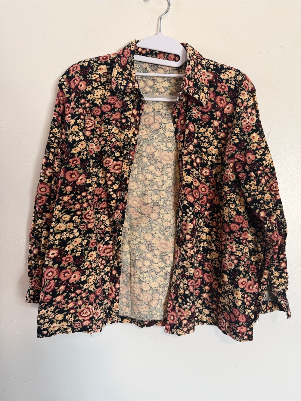 Floral Button-Up Corduroy Jacket in Black, Pink & Cream Handmade Cottagecore